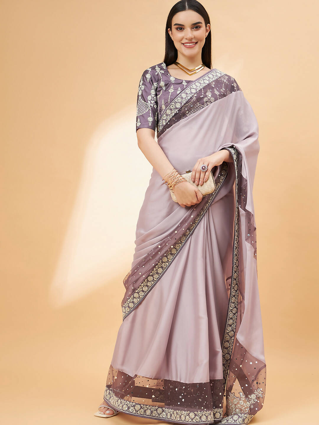 Mauve Silk Georgette Ribbon Embroidery Saree - Norita Hit Design - Swadesiicart