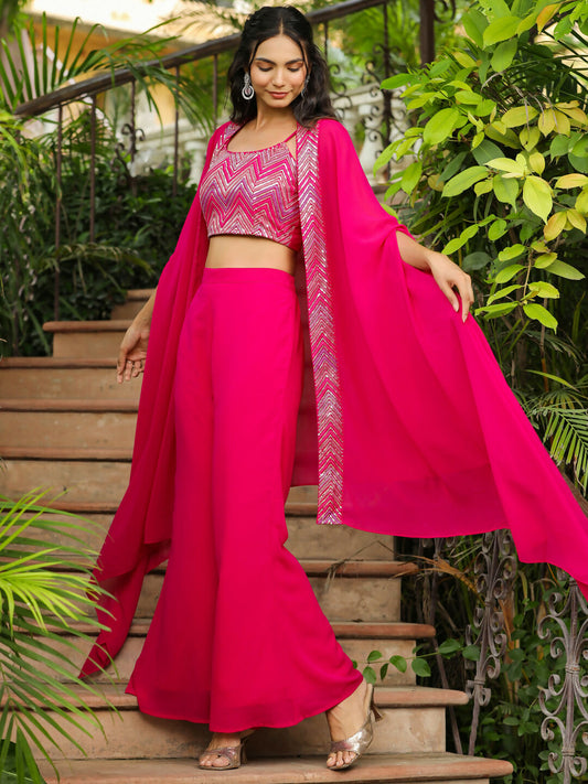 Janasya Pink Georgette Embroidered Top Bottom Cape | Swadesiicart