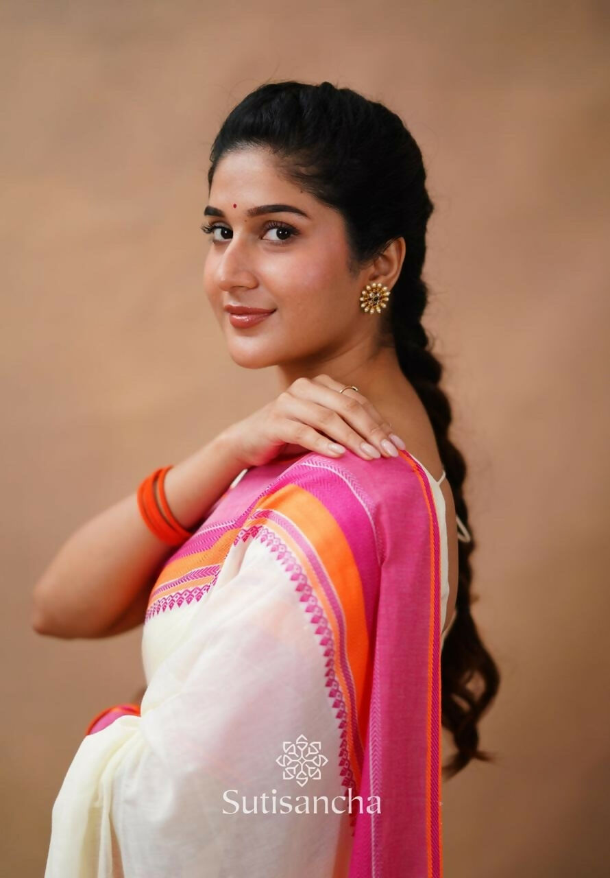 Exclusive Collection Off White Beautiful Khadi Cotton Handloom Saree - Swadesiicart