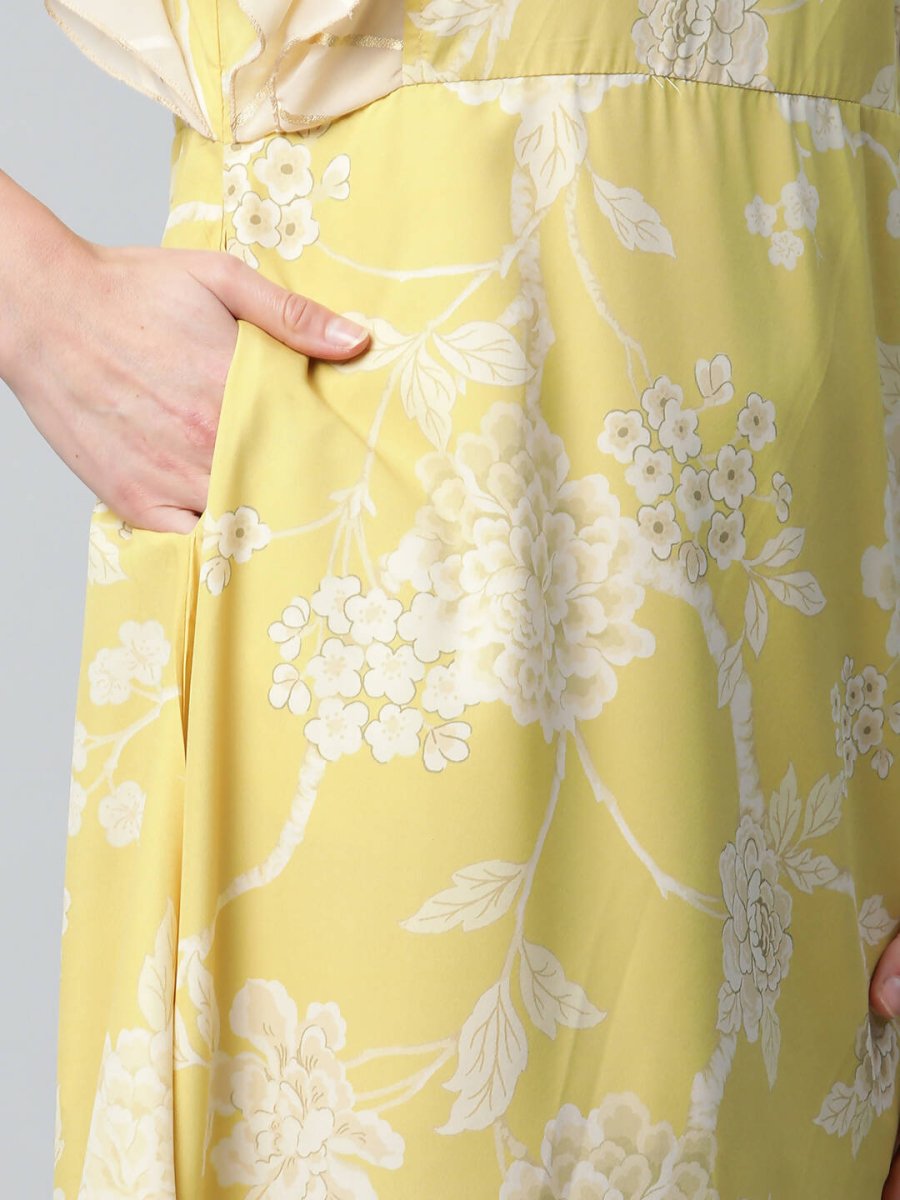 Ahalyaa Womens Lemon Yellow Crepe Floral Dress | Swadesiicart