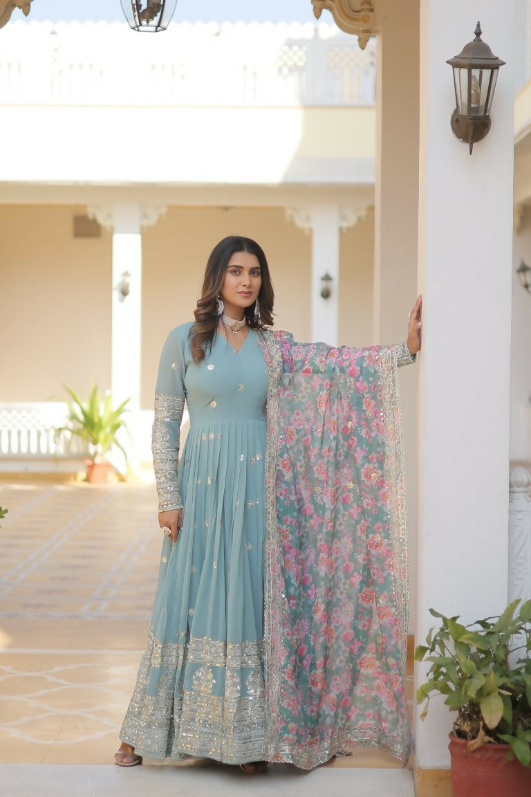Jyoti Fashion Women's Sky Blue Faux Georgette Sequins Zari Embroideredy Anarkali Dress with Dupatta | Swadesiicart