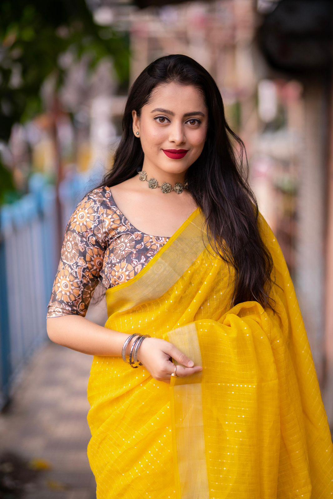 Mustard Linen Sequence Saree with Unstitched Blouse - Hiral Fashion | Swadesiicart
