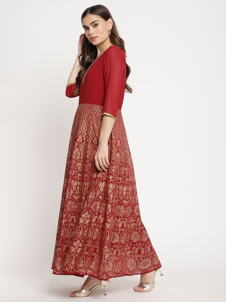 Ahalyaa Women's Maroon Georgette Gold Foil Print Flared Kurta With Dupatta | Swadesiicart