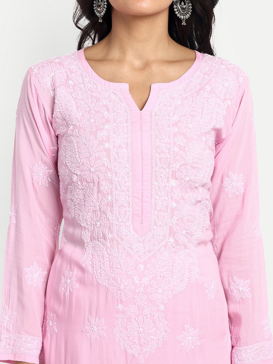 ADA Floral Embroidered Round Neck Long Sleeve Regular Chikankari Kurta With Palazzos | Swadesiicart