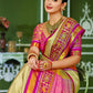 Mitera Beige & Pink Zari Pure Silk Banarasi Saree | Swadesiicart