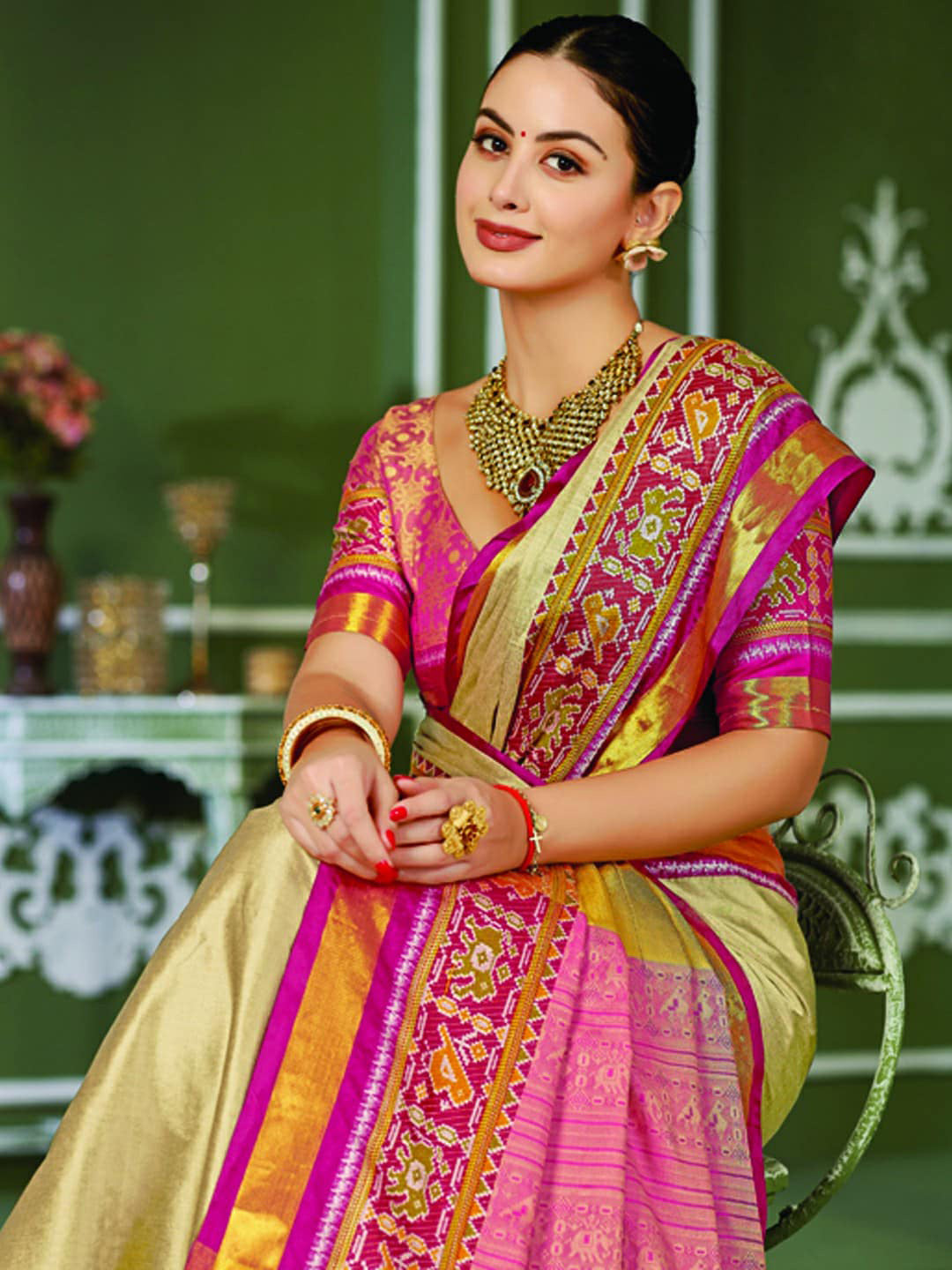 Mitera Beige & Pink Zari Pure Silk Banarasi Saree | Swadesiicart