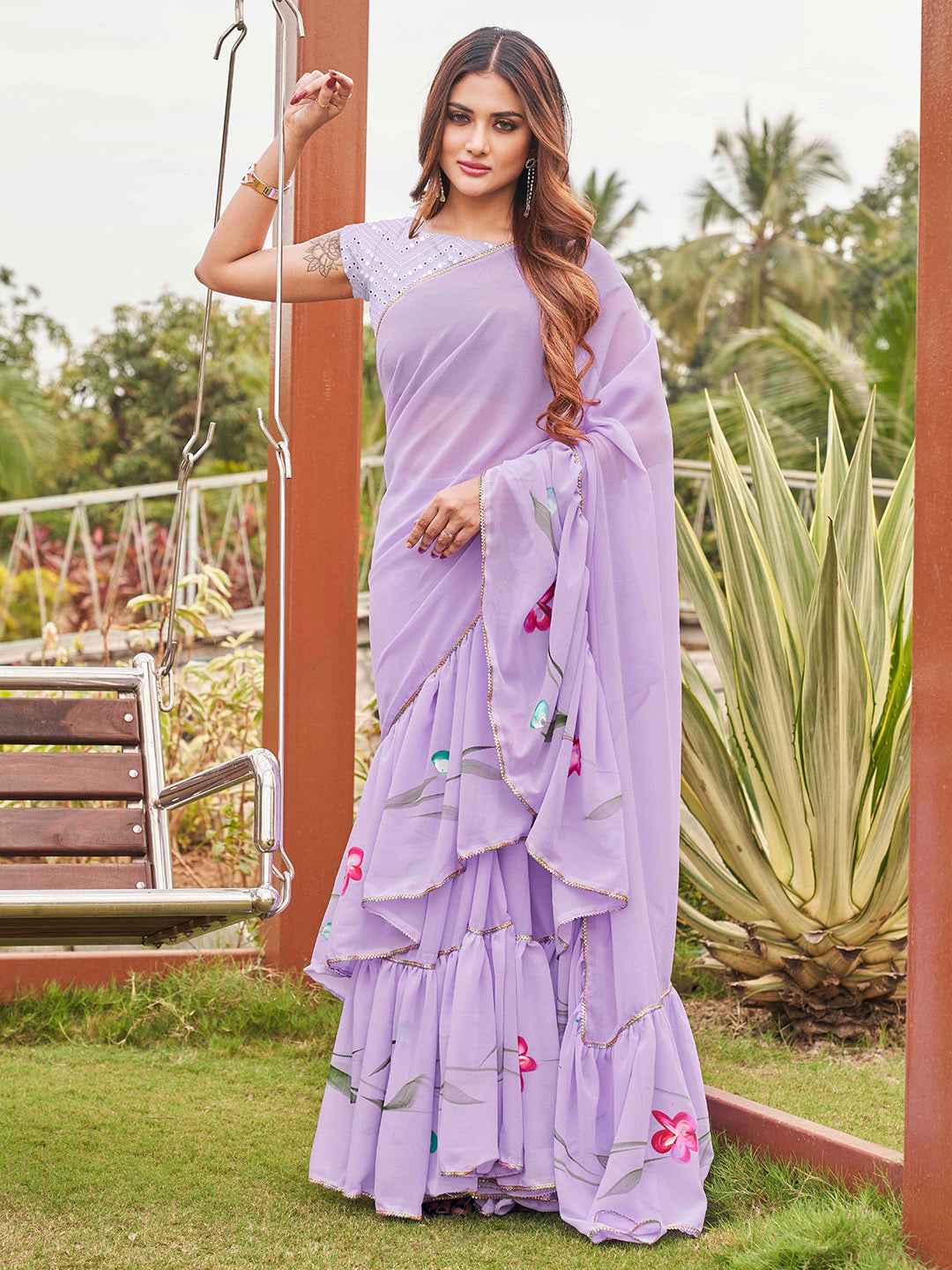 Tikhi Imli Printed Ruffle Saree With Mirror Embroidered Work Blouse | Swadesiicart