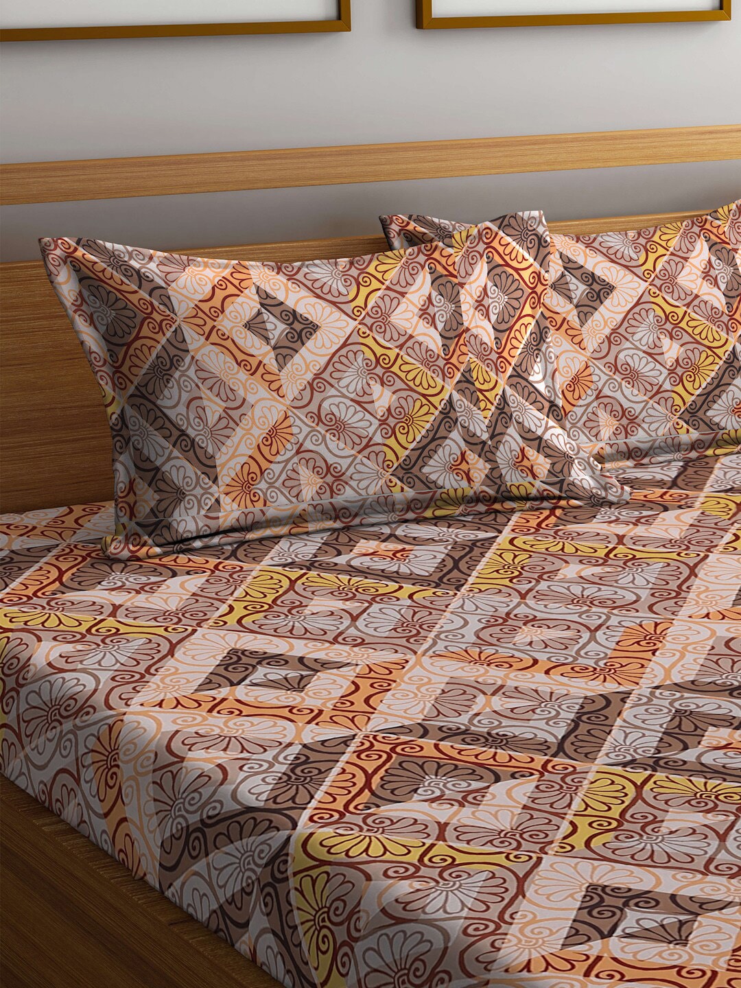 BOMBAY DYEING Epigram Brown & Yellow Ethnic Cotton 120 TC Queen Bedsheet & Pillow Covers - Swadesiicart