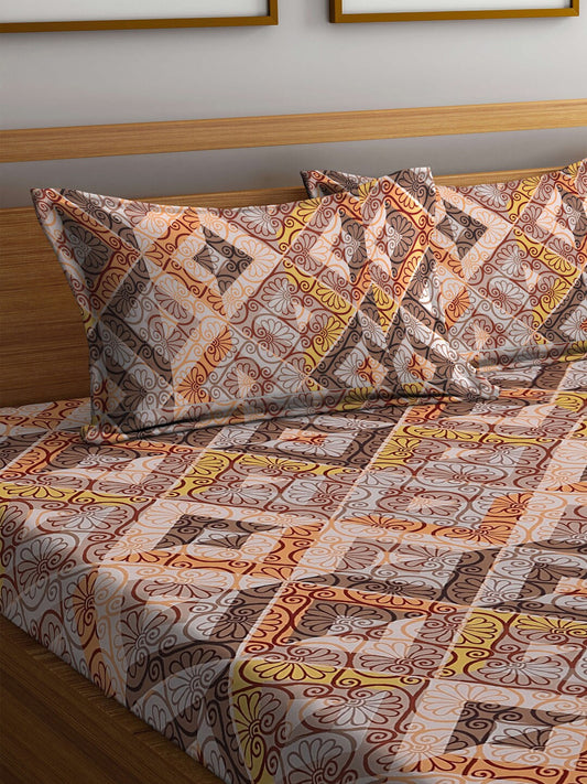 BOMBAY DYEING Epigram Brown & Yellow Ethnic Cotton 120 TC Queen Bedsheet & Pillow Covers - Swadesiicart