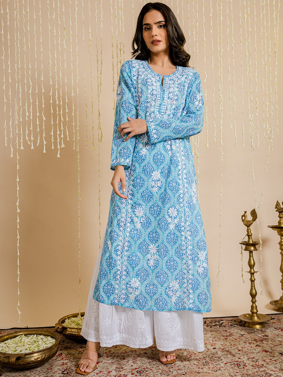HOUSE OF KARI Ethnic Motifs Printed Cotton Panelled Chikankari Kurta | Swadesiicart