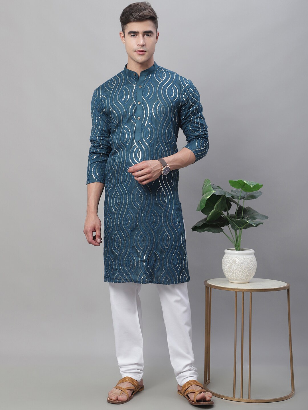 Sojanya Ethnic Motifs Embroidered Sequinned Pure Cotton Kurta with Churidar | Swadesiicart