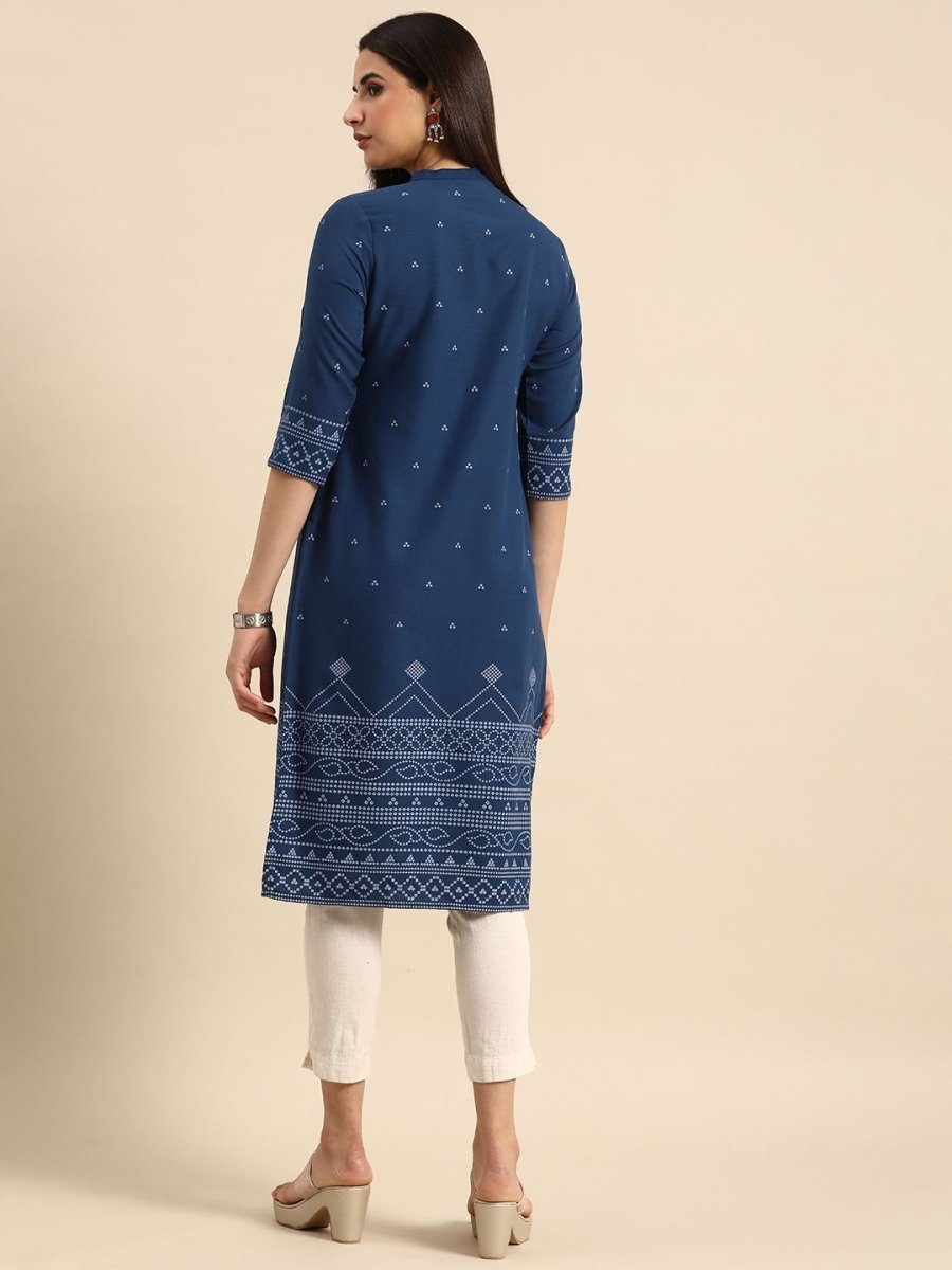 Anouk Women Mandarin Collar Bandhani Printed Indigo Kurta - Swadesiicart