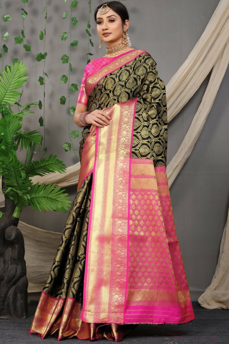 Jyoti Fashion Women's Black Kanjivaram Silk Zari Woven Saree with Blouse | Swadesiicart