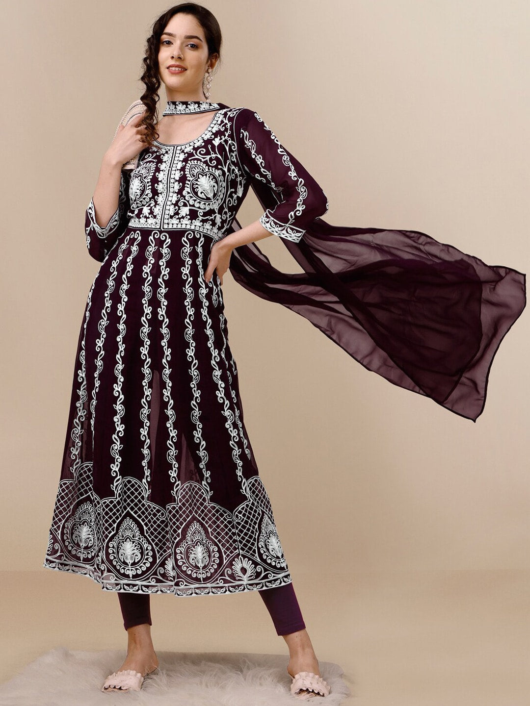 HERE&NOW Floral Lucknowi Chikankari Embroidered Georgette Anarkali Kurta with Dupatta | Swadesiicart