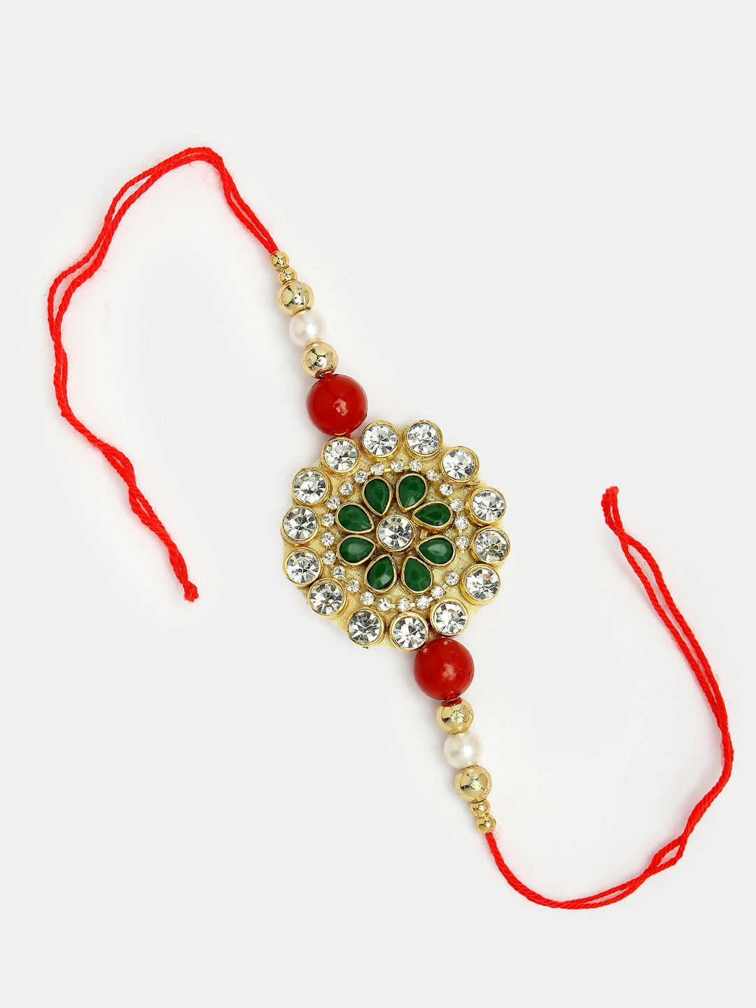 NVR Women & Men Set of 2 Red & Gold Toned Stone-Studded & Beaded Bhaiya Bhabhi Rakhi With Roli Chawal | Swadesiicart
