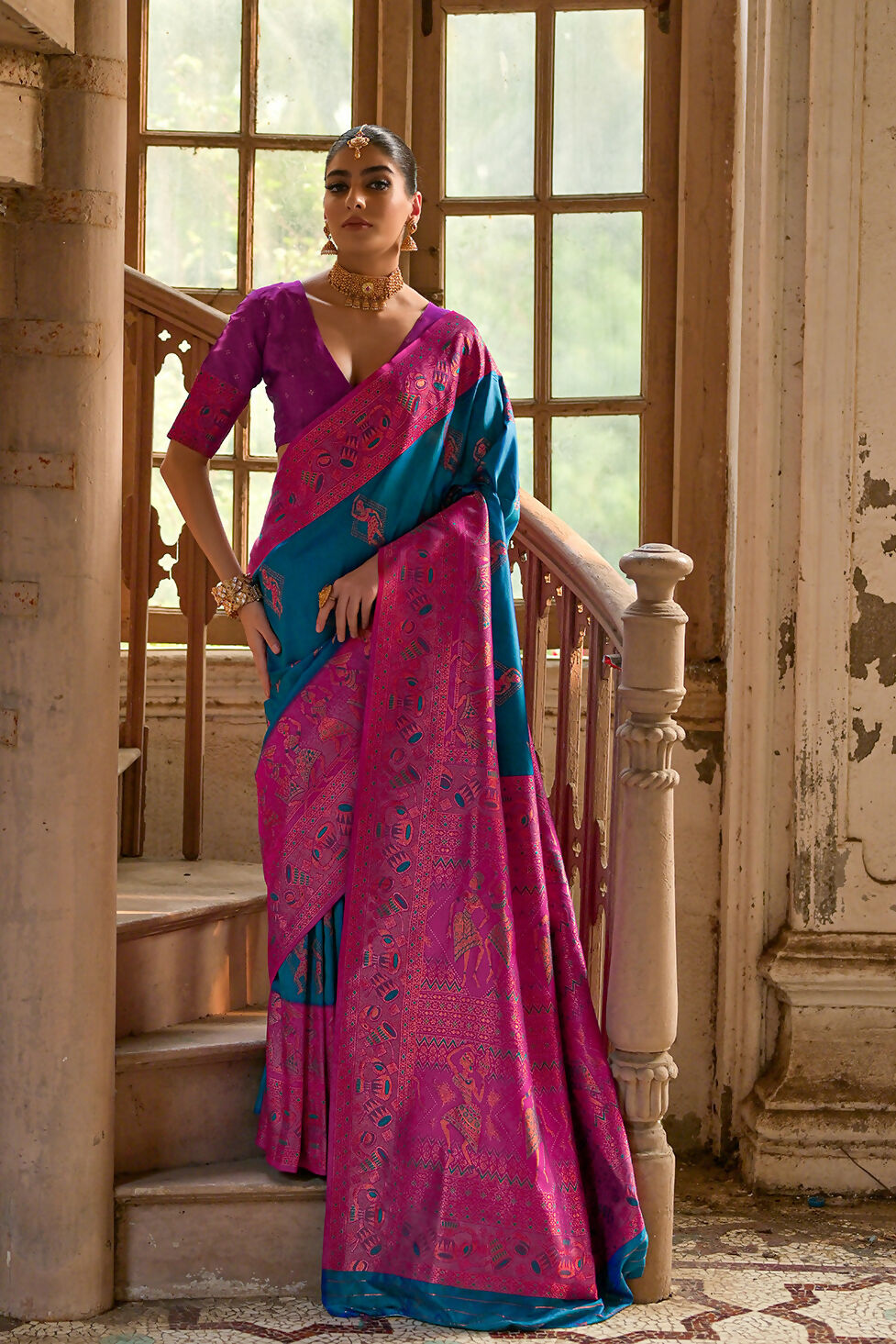 Vishnu Weaves Women's Firozi Banarasi Silk Kalamkari Zari Woven Saree with Blouse - Swadesiicart