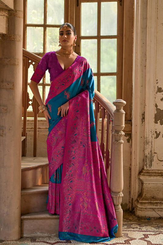Vishnu Weaves Women's Firozi Banarasi Silk Kalamkari Zari Woven Saree with Blouse - Swadesiicart