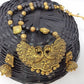 Terracotta Long Necklace Set With Peacock Pendant With Temple Jhumkas-Black And Gold