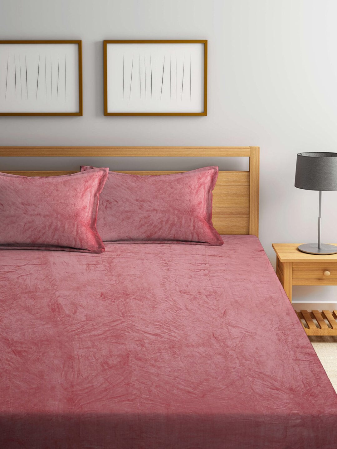 KLOTTHE Rust-Red Abstract Woolen 300TC King Fitted Bedsheet With 2 Pillow Covers - Swadesiicart