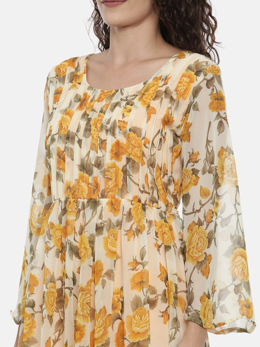 Souchii Women Cream-Coloured Floral Printed A-Line Dress - Swadesiicart