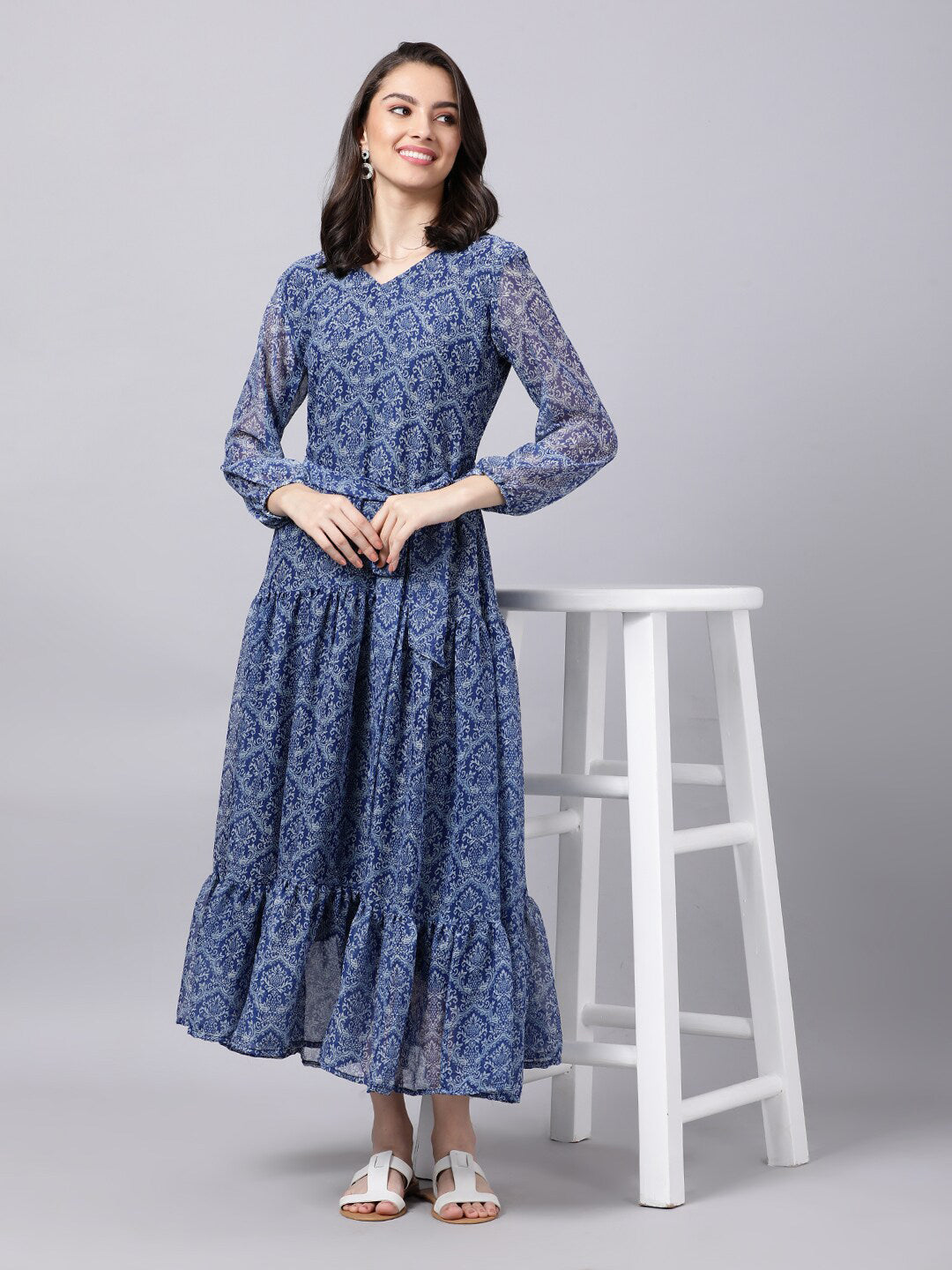 Souchii Blue Ethnic Motifs Printed Chiffon Maxi Tiered Dress - Swadesiicart