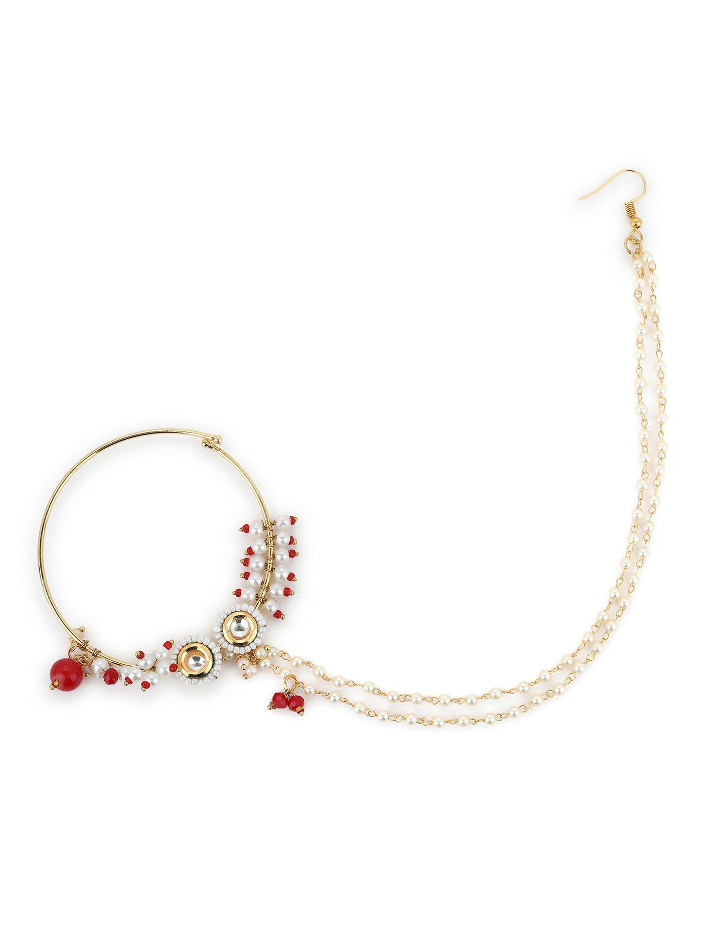 Gold-Polished White Red Kundan Studded Beaded Chained Nose Ring - Ruby Raang | Swadesiicart