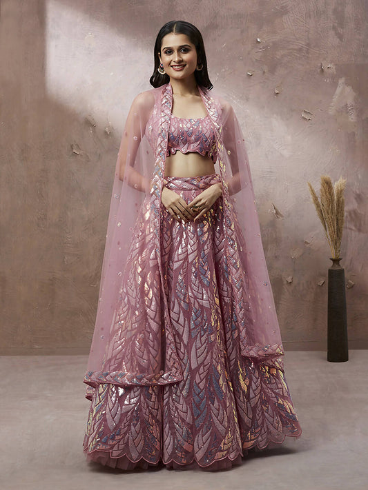 House of Panchhi CORAL Net Sequinse Work Lehenga & Blouse, Dupatta | Swadesiicart