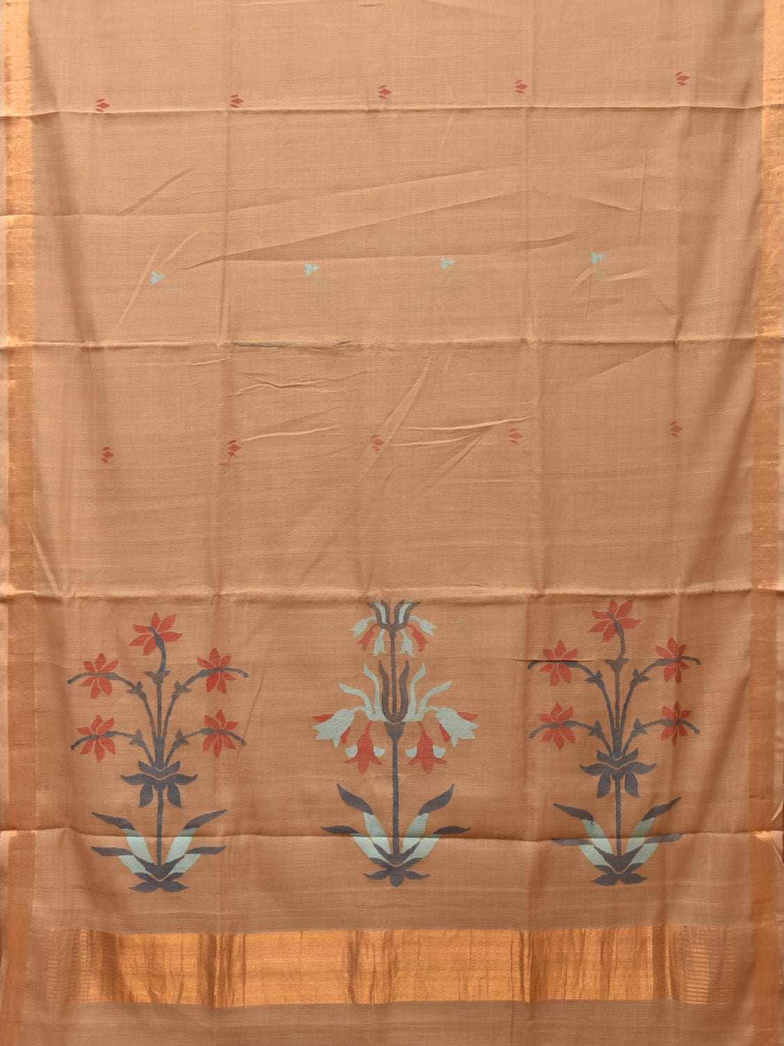 Fawn Khadi Cotton Handloom Saree with Plants Pallu Design - Global Threads | Swadesiicart