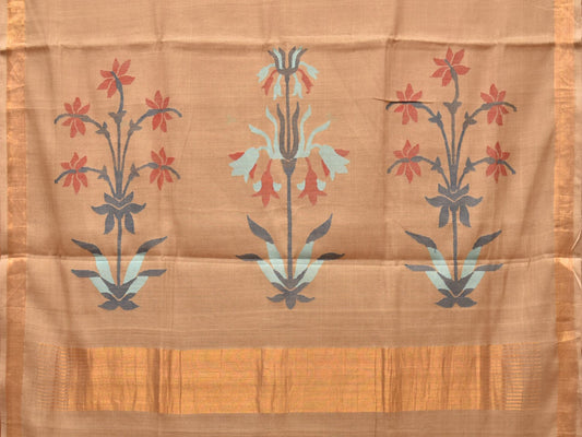 Fawn Khadi Cotton Handloom Saree with Plants Pallu Design - Global Threads | Swadesiicart
