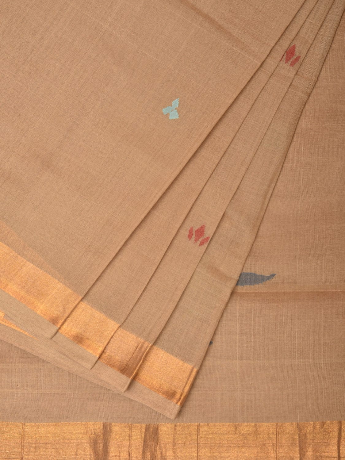 Fawn Khadi Cotton Handloom Saree with Plants Pallu Design - Global Threads | Swadesiicart