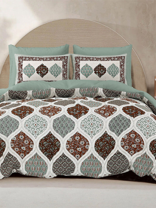 LIVING ROOTS Green & White Ethnic Pure Cotton 300 TC King Bedsheet with 2 Pillow Covers - Swadesiicart