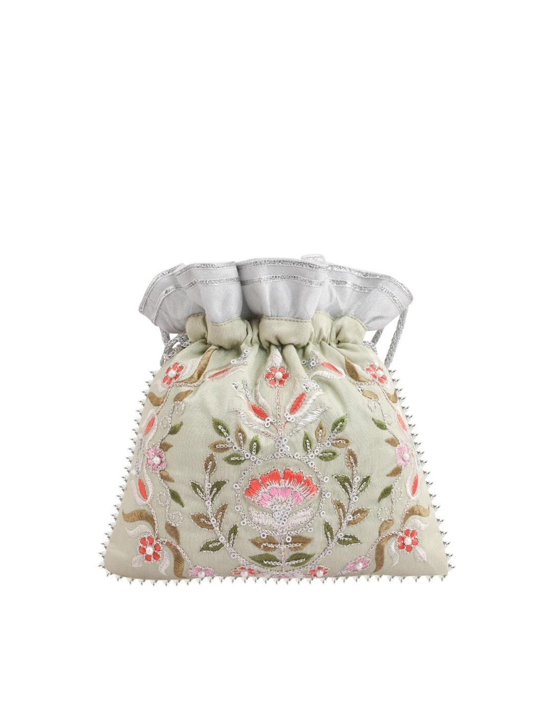 Masq Green & Pink Embellished Embroidered Potli Clutch - Swadesiicart