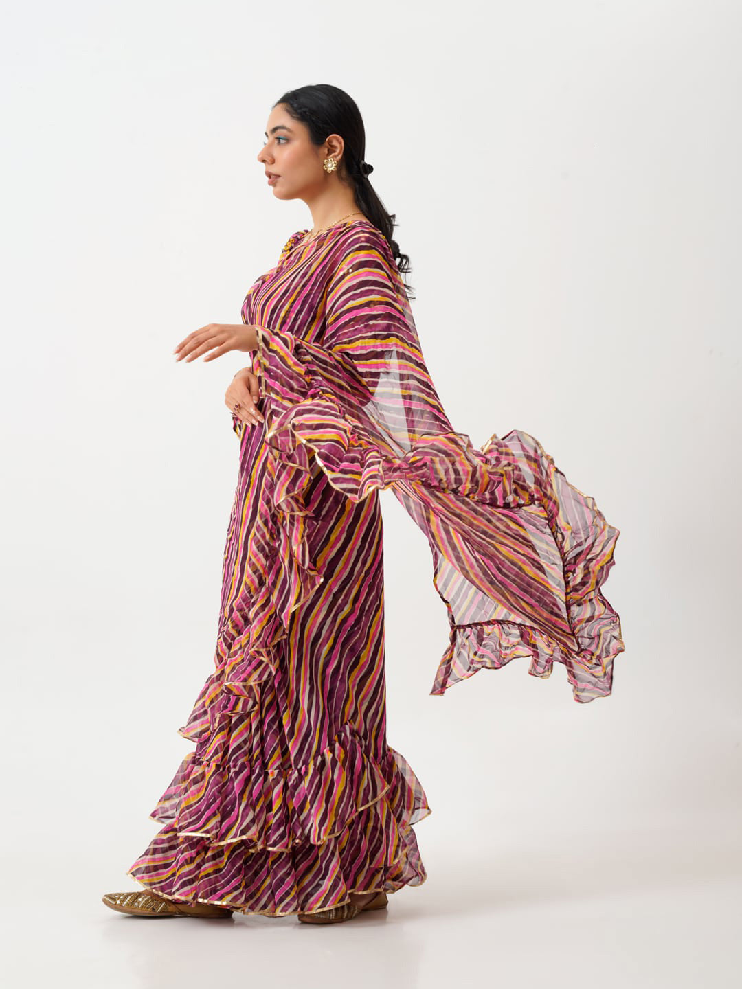 Tikhi Imli Brown Striped Ruffled Ready To Wear Saree | Swadesiicart