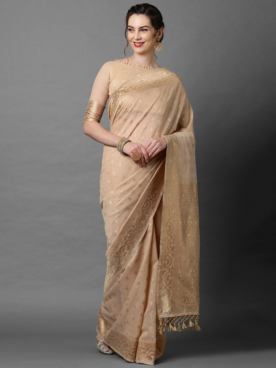 Mitera Cream-Coloured & Gold-Coloured Ethnic Motifs Silk Blend Banarasi Saree | Swadesiicart