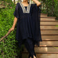 Janasya Navy Blue Silk Blend Yoke Embroidery Co-Ords - Swadesiicart