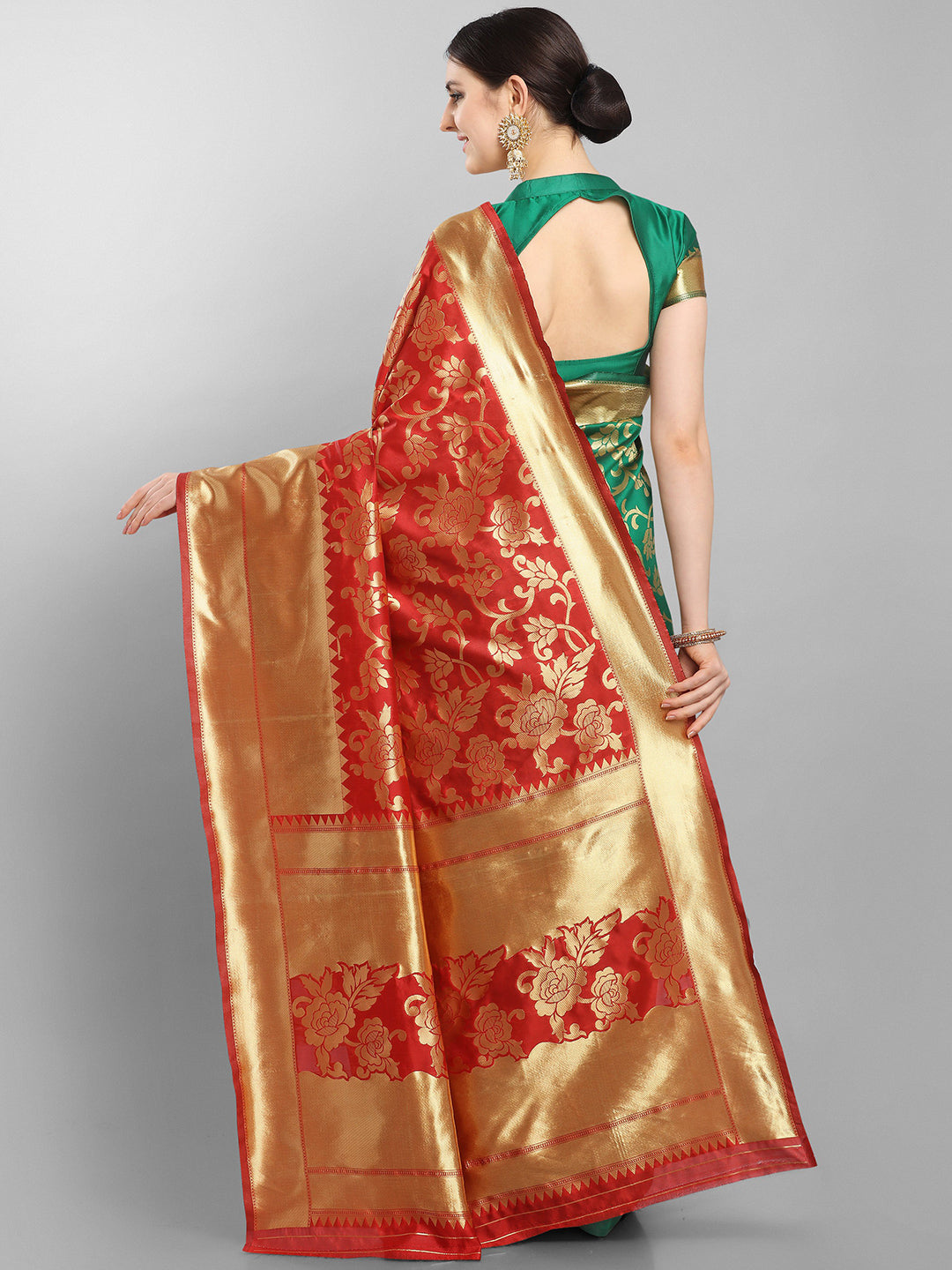 Kalini Red & Green Floral Zari Silk Blend Banarasi Saree | Swadesiicart
