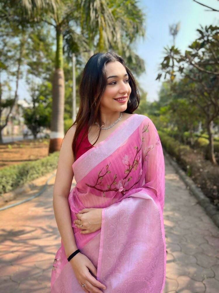 Vamsee Mehar Peach Organza Saree - Swadesiicart
