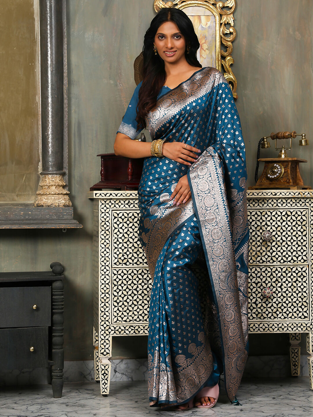 Astita Banarasi Silk Blue Saree | Swadesiicart