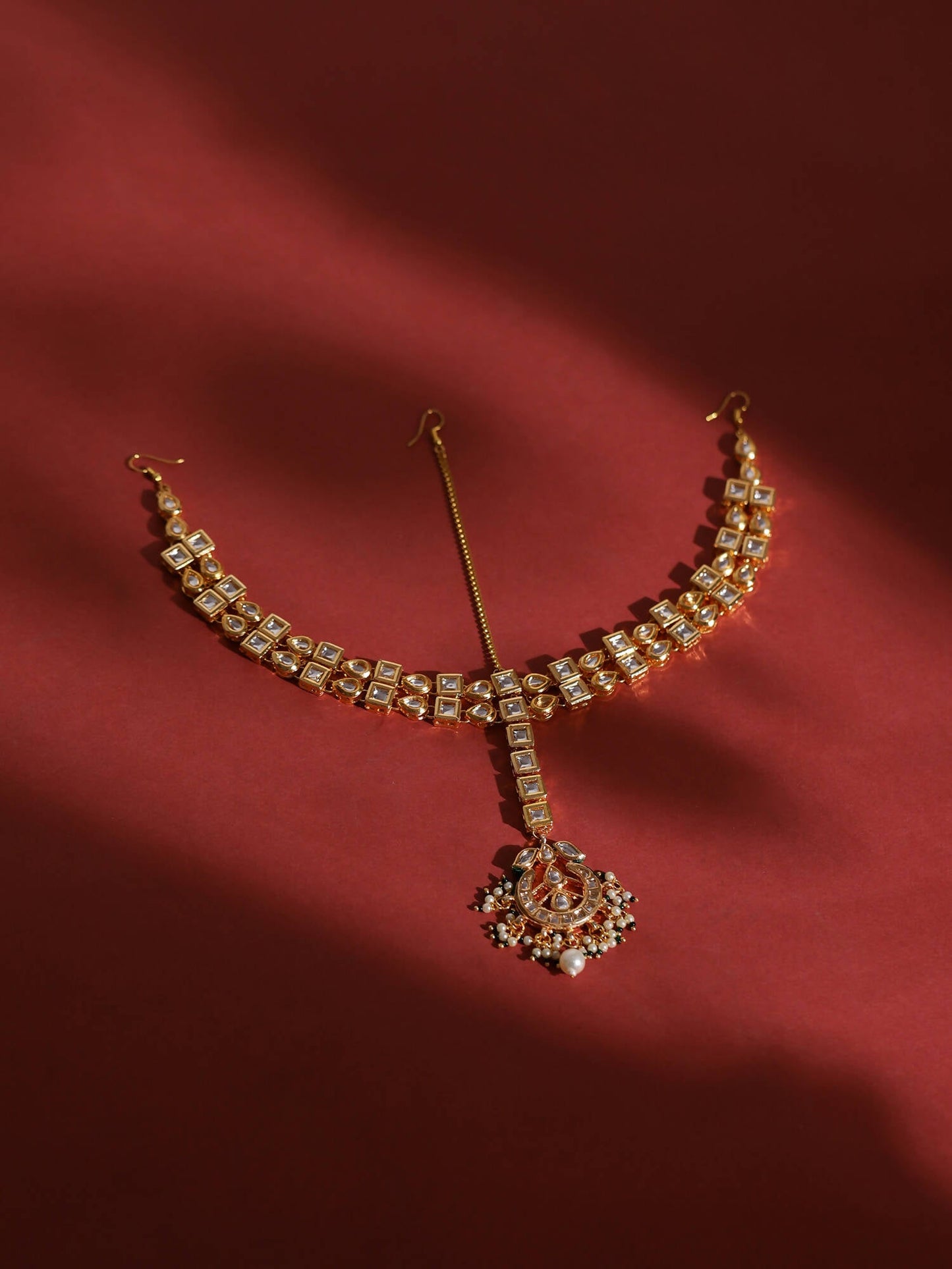 Gold-Polished White Green Kundan-Studded Pearl Beaded Matha Patti - Ruby Raang | Swadesiicart