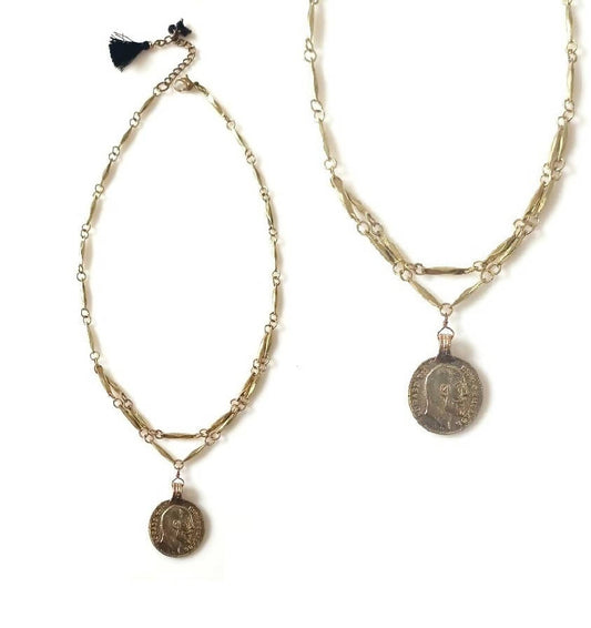 Bling Accessories Antique Brass Finish Brass Metal 2 Rows Coin Charm Necklace | Swadesiicart
