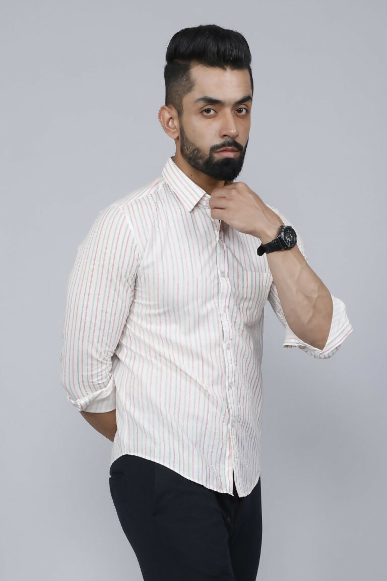 Miravan Men's White Spread Collar Striped Print Casual Shirt | Swadesiicart