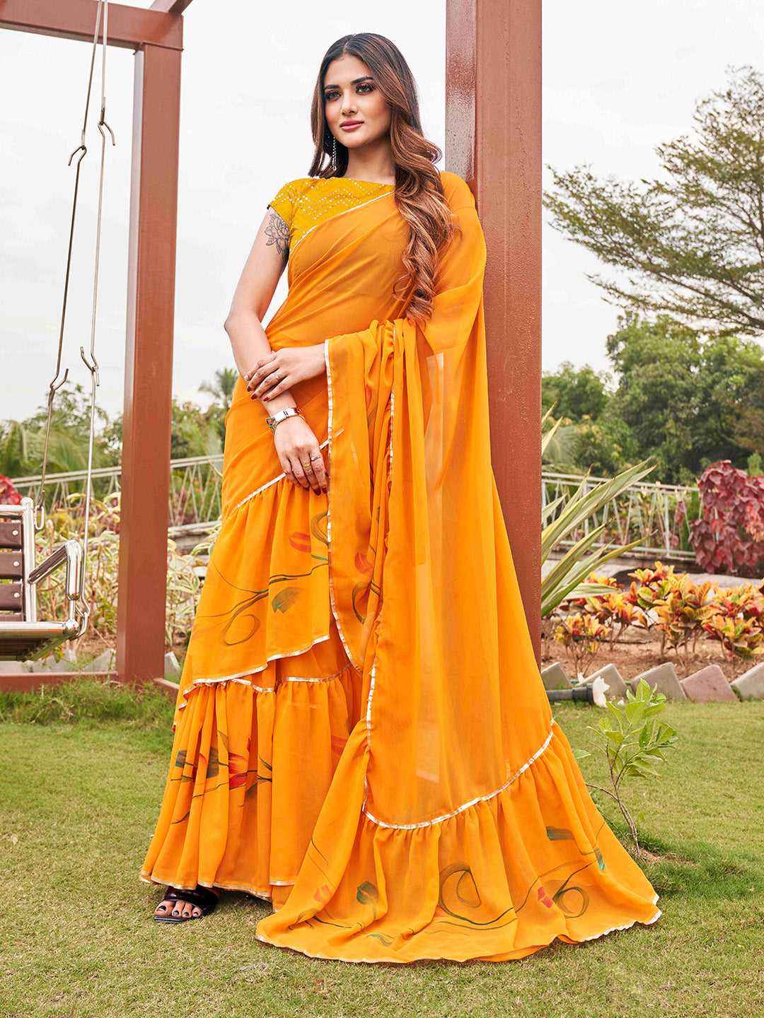 Tikhi Imli Mustard Yellow Gotta Patti Ruffles Saree | Swadesiicart