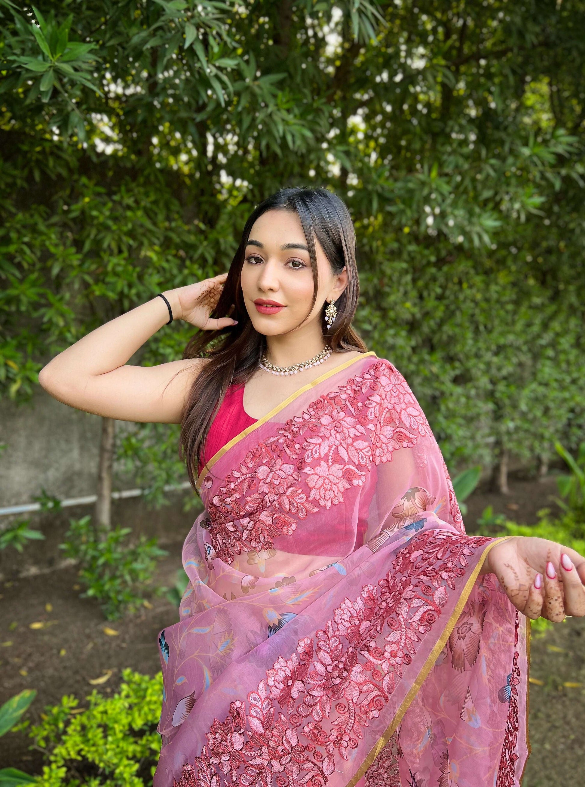 Vamsee Bavari Peach Organza Saree - Swadesiicart