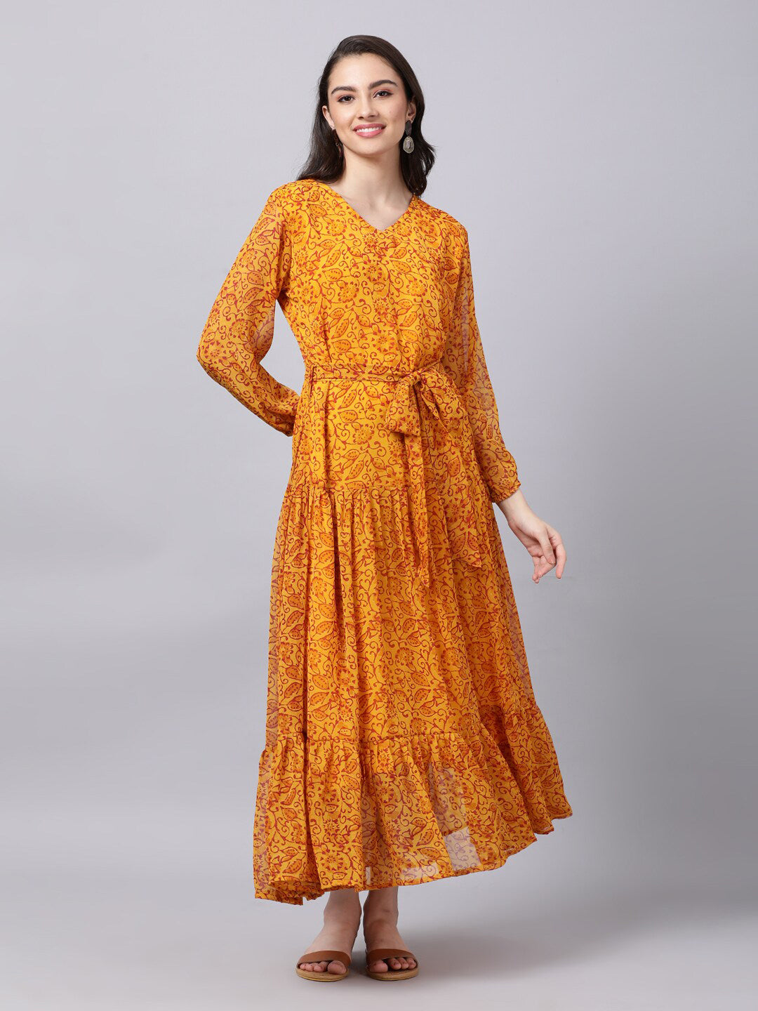 Souchii Yellow Floral Layered Chiffon Maxi Dress - SOUCHII