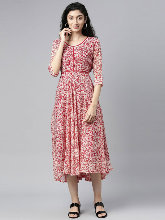 Souchii White & Red Floral Layered Chiffon Beautiful Midi Dress - SOUCHII