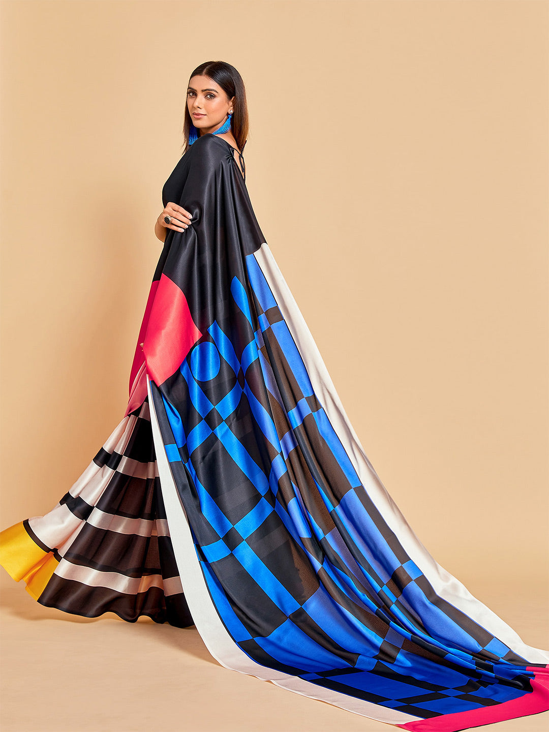 Sangria Blue & Black Striped Satin Ready to Wear Saree | Swadesiicart
