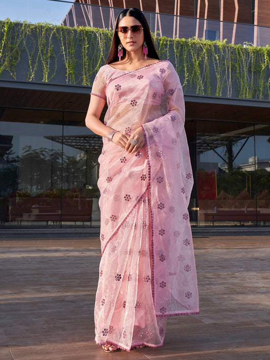 Tikhi Imli Floral Mirror Work Organza Saree | Swadesiicart