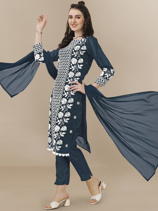 HERE&NOW Floral Embroidered Chikankari Kurta with Trousers & Dupatta | Swadesiicart