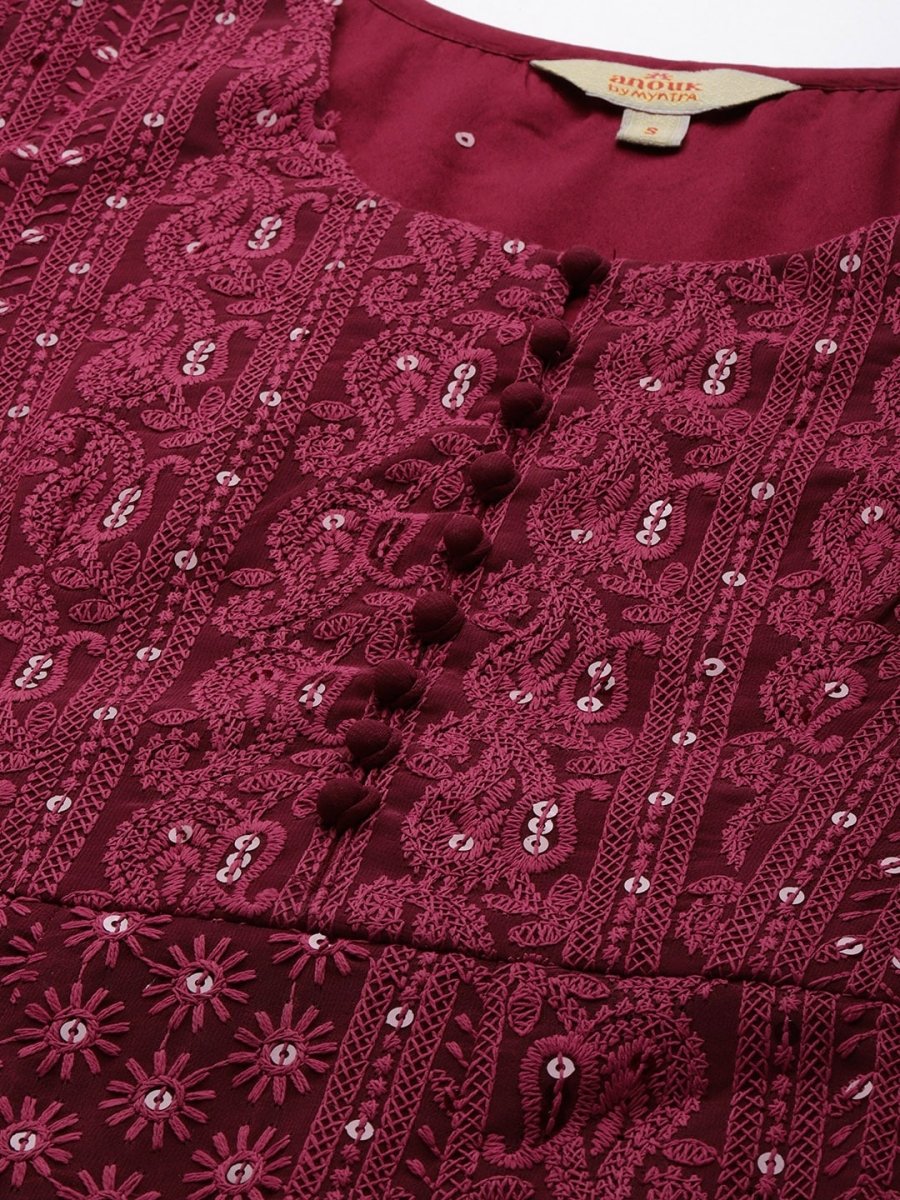 Anouk Women Maroon Ethnic Motifs Embroidered Chikankari Kurta with Palazzos & With Dupatta | Swadesiicart