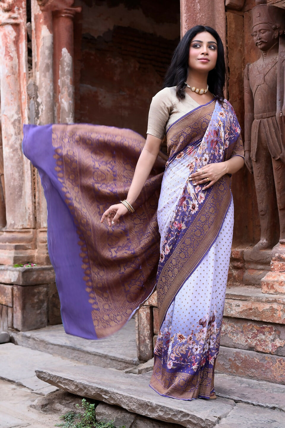 Joban Fashion Shade Of Orchid Crepe Chiffon Pure Handloom Banarasi Silk Saree | Swadesiicart